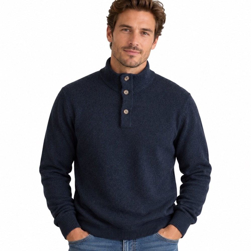 LEDBURY Brewer Mock Neck Sweater Mens L Navy 100% Merino Wool Italy 3 Button